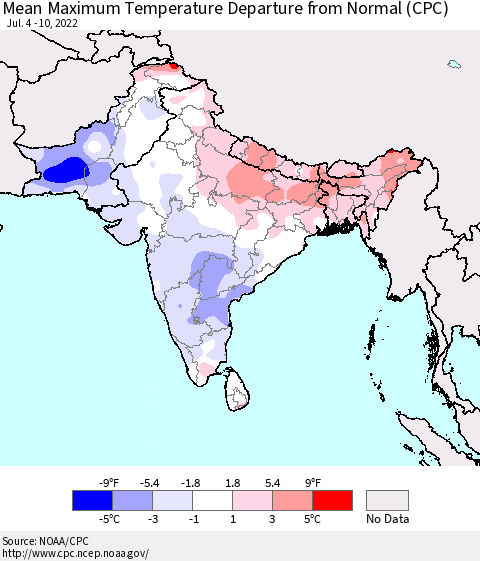 Southern Asia Mean Maximum Temperature Departure from Normal (CPC) Thematic Map For 7/4/2022 - 7/10/2022