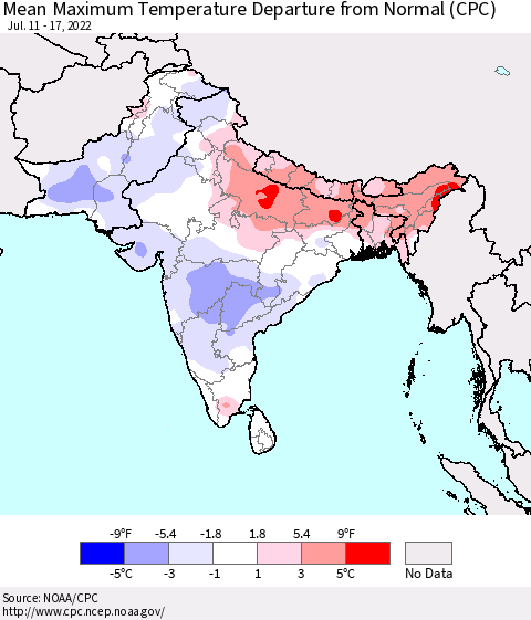 Southern Asia Mean Maximum Temperature Departure from Normal (CPC) Thematic Map For 7/11/2022 - 7/17/2022