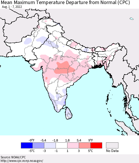 Southern Asia Mean Maximum Temperature Departure from Normal (CPC) Thematic Map For 8/1/2022 - 8/7/2022
