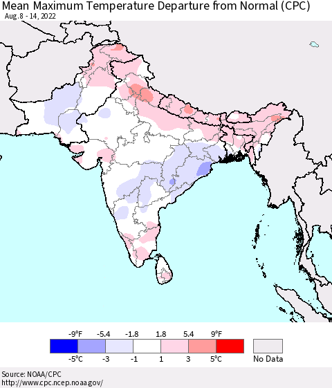 Southern Asia Mean Maximum Temperature Departure from Normal (CPC) Thematic Map For 8/8/2022 - 8/14/2022