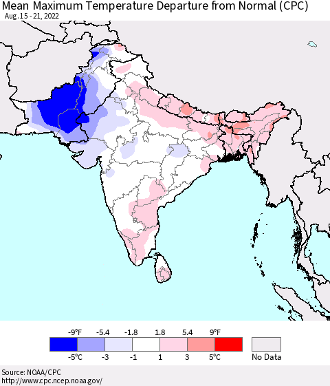 Southern Asia Mean Maximum Temperature Departure from Normal (CPC) Thematic Map For 8/15/2022 - 8/21/2022