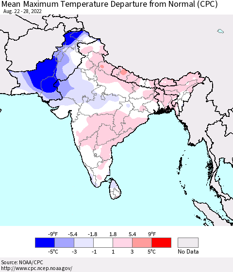Southern Asia Mean Maximum Temperature Departure from Normal (CPC) Thematic Map For 8/22/2022 - 8/28/2022