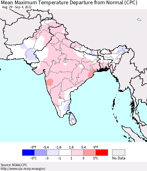 Southern Asia Mean Maximum Temperature Departure from Normal (CPC) Thematic Map For 8/29/2022 - 9/4/2022