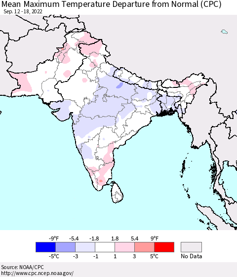 Southern Asia Mean Maximum Temperature Departure from Normal (CPC) Thematic Map For 9/12/2022 - 9/18/2022