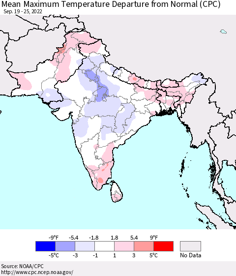 Southern Asia Mean Maximum Temperature Departure from Normal (CPC) Thematic Map For 9/19/2022 - 9/25/2022