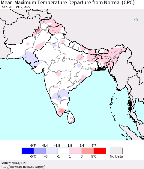 Southern Asia Mean Maximum Temperature Departure from Normal (CPC) Thematic Map For 9/26/2022 - 10/2/2022