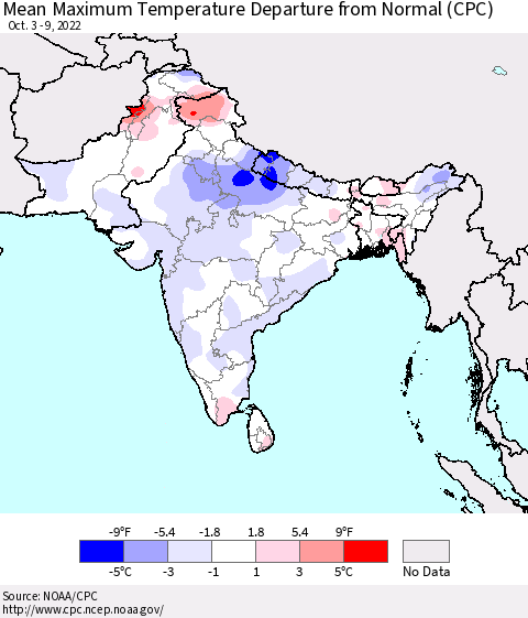 Southern Asia Mean Maximum Temperature Departure from Normal (CPC) Thematic Map For 10/3/2022 - 10/9/2022
