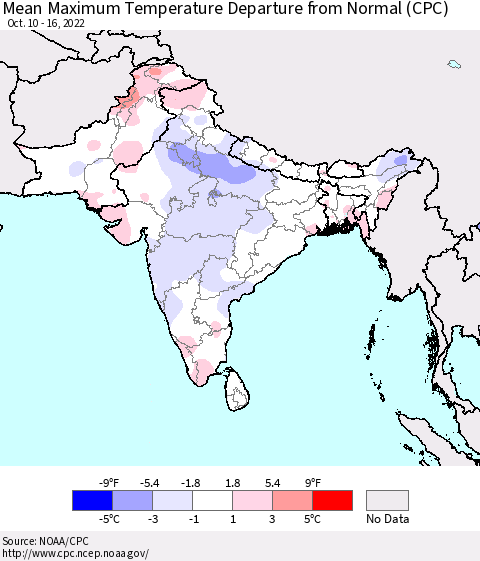 Southern Asia Mean Maximum Temperature Departure from Normal (CPC) Thematic Map For 10/10/2022 - 10/16/2022