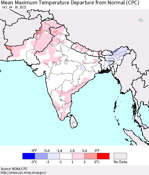 Southern Asia Mean Maximum Temperature Departure from Normal (CPC) Thematic Map For 10/24/2022 - 10/30/2022