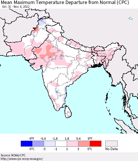 Southern Asia Mean Maximum Temperature Departure from Normal (CPC) Thematic Map For 10/31/2022 - 11/6/2022