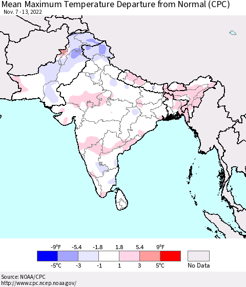 Southern Asia Mean Maximum Temperature Departure from Normal (CPC) Thematic Map For 11/7/2022 - 11/13/2022