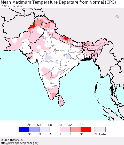 Southern Asia Mean Maximum Temperature Departure from Normal (CPC) Thematic Map For 11/21/2022 - 11/27/2022