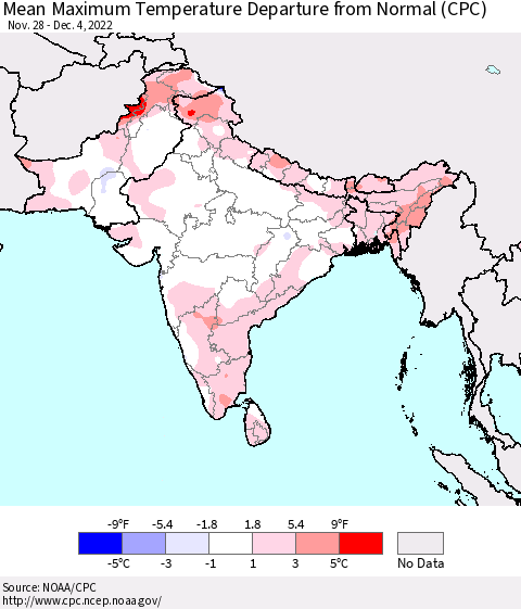 Southern Asia Mean Maximum Temperature Departure from Normal (CPC) Thematic Map For 11/28/2022 - 12/4/2022