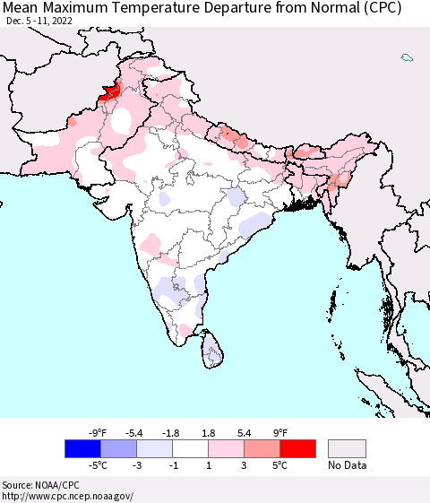 Southern Asia Mean Maximum Temperature Departure from Normal (CPC) Thematic Map For 12/5/2022 - 12/11/2022