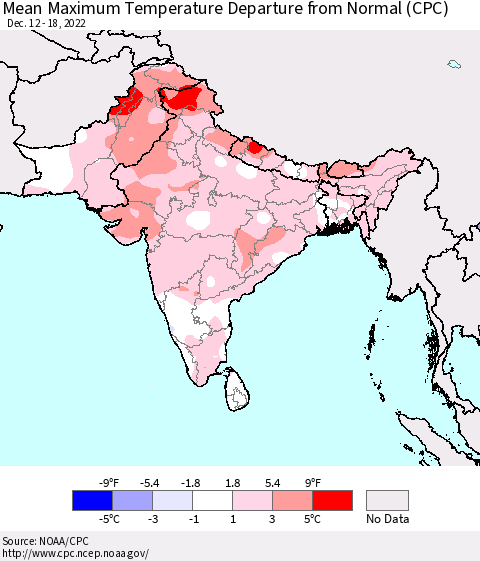 Southern Asia Mean Maximum Temperature Departure from Normal (CPC) Thematic Map For 12/12/2022 - 12/18/2022