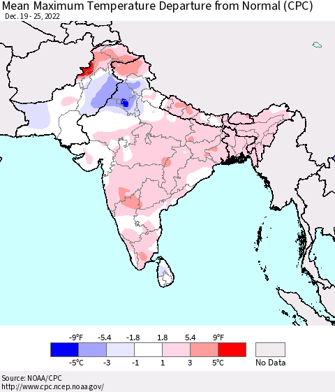 Southern Asia Mean Maximum Temperature Departure from Normal (CPC) Thematic Map For 12/19/2022 - 12/25/2022