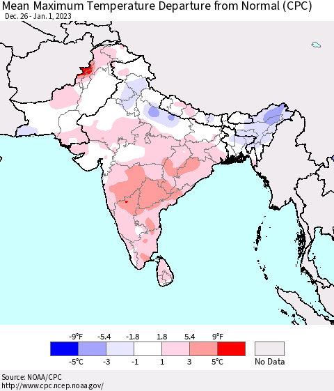 Southern Asia Mean Maximum Temperature Departure from Normal (CPC) Thematic Map For 12/26/2022 - 1/1/2023