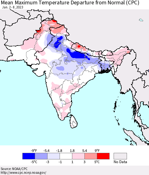Southern Asia Mean Maximum Temperature Departure from Normal (CPC) Thematic Map For 1/2/2023 - 1/8/2023