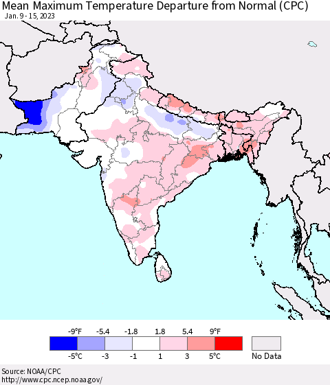 Southern Asia Mean Maximum Temperature Departure from Normal (CPC) Thematic Map For 1/9/2023 - 1/15/2023