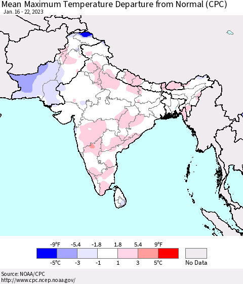 Southern Asia Mean Maximum Temperature Departure from Normal (CPC) Thematic Map For 1/16/2023 - 1/22/2023
