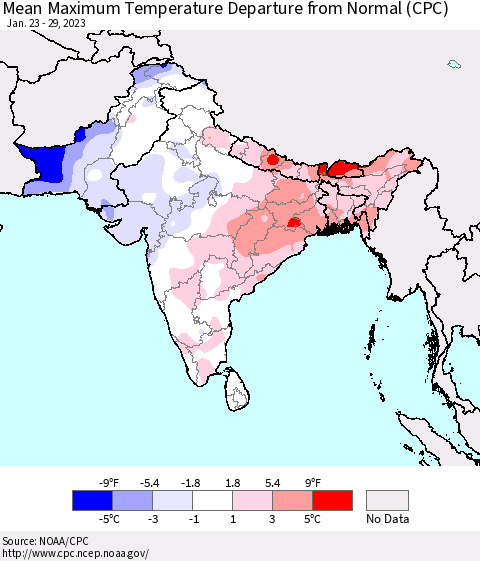 Southern Asia Mean Maximum Temperature Departure from Normal (CPC) Thematic Map For 1/23/2023 - 1/29/2023