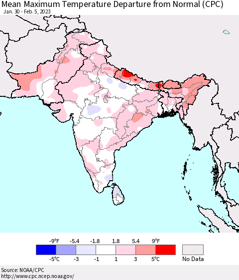 Southern Asia Mean Maximum Temperature Departure from Normal (CPC) Thematic Map For 1/30/2023 - 2/5/2023
