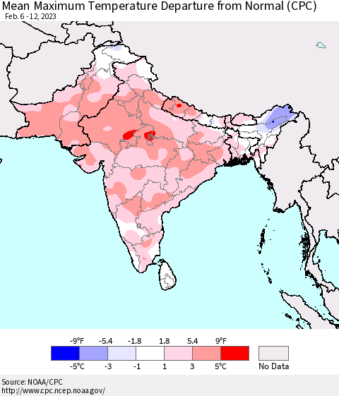 Southern Asia Mean Maximum Temperature Departure from Normal (CPC) Thematic Map For 2/6/2023 - 2/12/2023