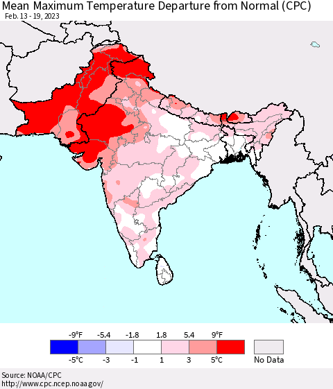 Southern Asia Mean Maximum Temperature Departure from Normal (CPC) Thematic Map For 2/13/2023 - 2/19/2023