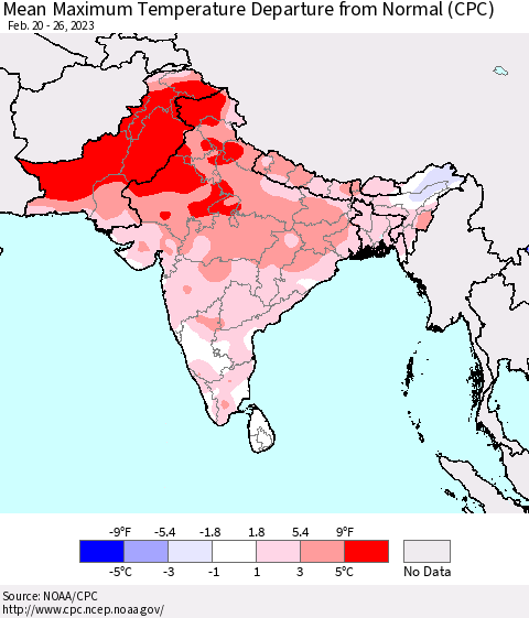 Southern Asia Mean Maximum Temperature Departure from Normal (CPC) Thematic Map For 2/20/2023 - 2/26/2023