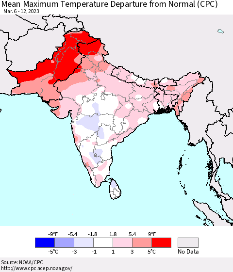 Southern Asia Mean Maximum Temperature Departure from Normal (CPC) Thematic Map For 3/6/2023 - 3/12/2023