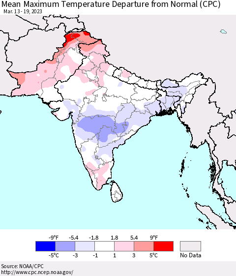 Southern Asia Mean Maximum Temperature Departure from Normal (CPC) Thematic Map For 3/13/2023 - 3/19/2023