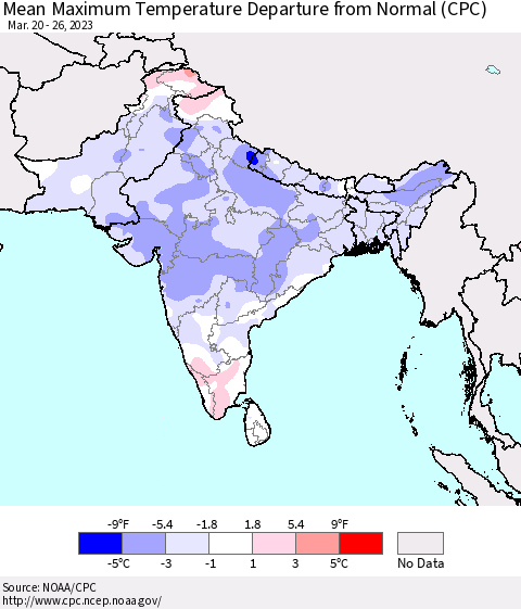 Southern Asia Mean Maximum Temperature Departure from Normal (CPC) Thematic Map For 3/20/2023 - 3/26/2023