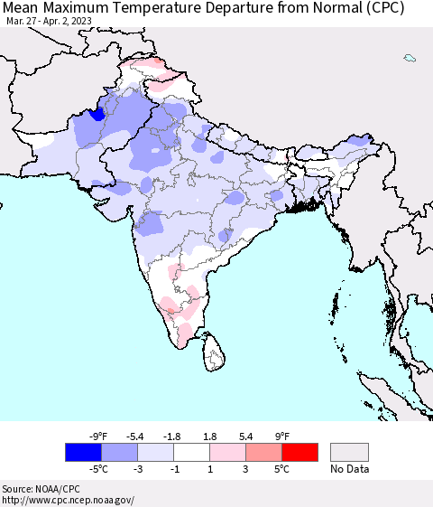 Southern Asia Mean Maximum Temperature Departure from Normal (CPC) Thematic Map For 3/27/2023 - 4/2/2023