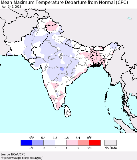 Southern Asia Mean Maximum Temperature Departure from Normal (CPC) Thematic Map For 4/3/2023 - 4/9/2023