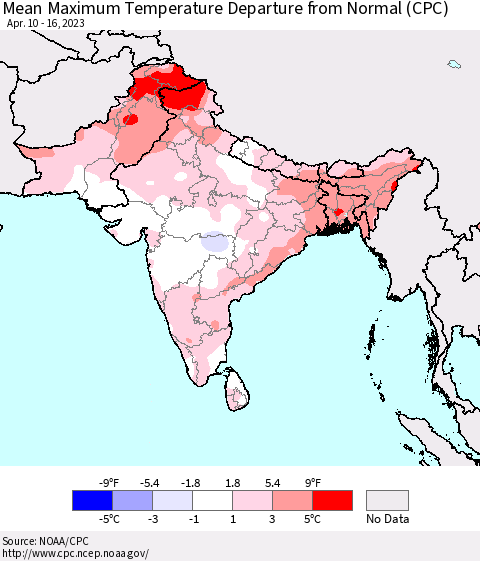 Southern Asia Mean Maximum Temperature Departure from Normal (CPC) Thematic Map For 4/10/2023 - 4/16/2023