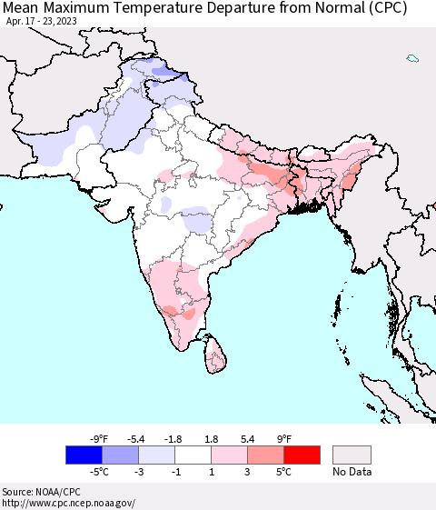 Southern Asia Mean Maximum Temperature Departure from Normal (CPC) Thematic Map For 4/17/2023 - 4/23/2023