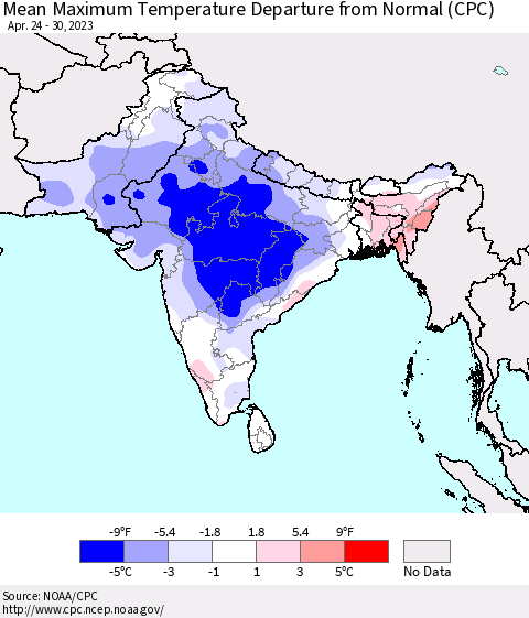 Southern Asia Mean Maximum Temperature Departure from Normal (CPC) Thematic Map For 4/24/2023 - 4/30/2023