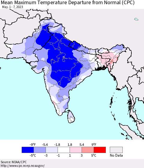 Southern Asia Mean Maximum Temperature Departure from Normal (CPC) Thematic Map For 5/1/2023 - 5/7/2023