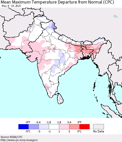 Southern Asia Mean Maximum Temperature Departure from Normal (CPC) Thematic Map For 5/8/2023 - 5/14/2023