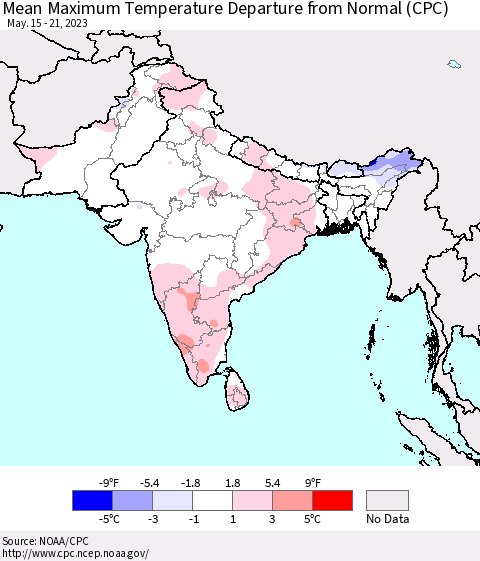Southern Asia Mean Maximum Temperature Departure from Normal (CPC) Thematic Map For 5/15/2023 - 5/21/2023