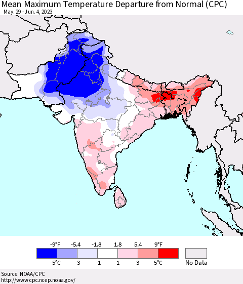 Southern Asia Mean Maximum Temperature Departure from Normal (CPC) Thematic Map For 5/29/2023 - 6/4/2023