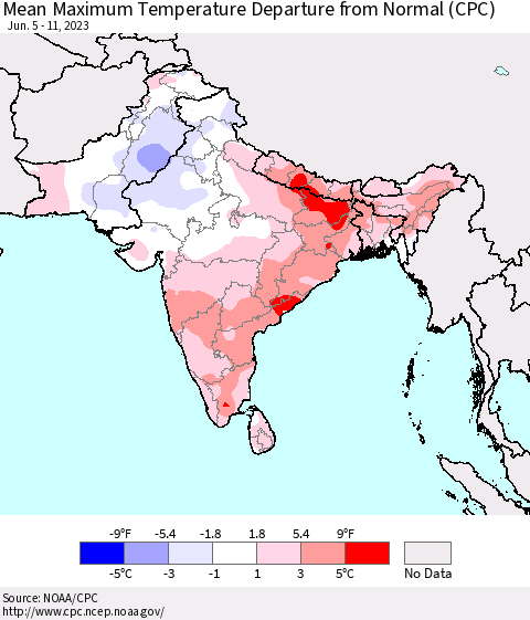 Southern Asia Mean Maximum Temperature Departure from Normal (CPC) Thematic Map For 6/5/2023 - 6/11/2023