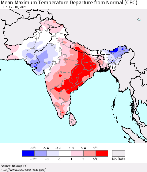 Southern Asia Mean Maximum Temperature Departure from Normal (CPC) Thematic Map For 6/12/2023 - 6/18/2023