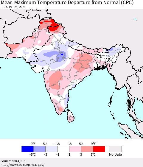 Southern Asia Mean Maximum Temperature Departure from Normal (CPC) Thematic Map For 6/19/2023 - 6/25/2023