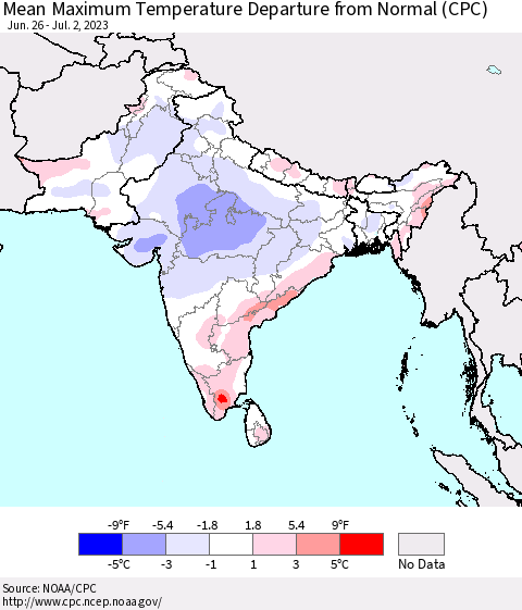 Southern Asia Mean Maximum Temperature Departure from Normal (CPC) Thematic Map For 6/26/2023 - 7/2/2023