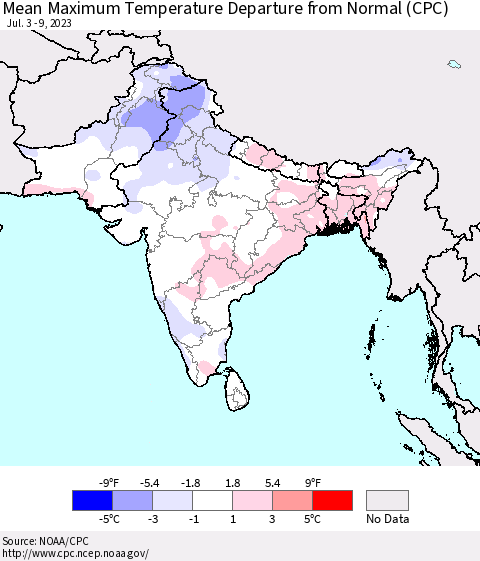 Southern Asia Mean Maximum Temperature Departure from Normal (CPC) Thematic Map For 7/3/2023 - 7/9/2023