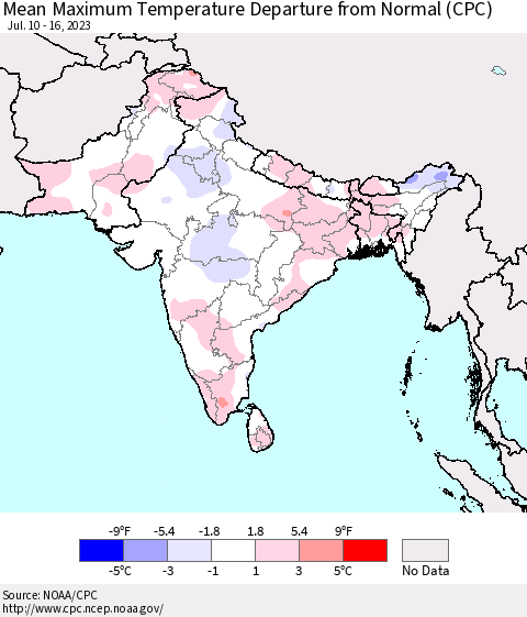 Southern Asia Mean Maximum Temperature Departure from Normal (CPC) Thematic Map For 7/10/2023 - 7/16/2023