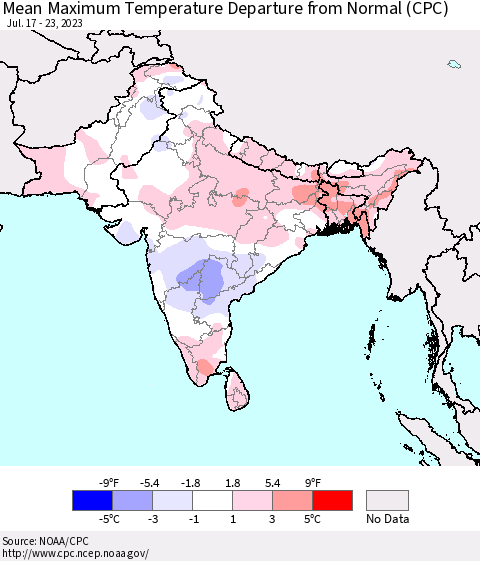 Southern Asia Mean Maximum Temperature Departure from Normal (CPC) Thematic Map For 7/17/2023 - 7/23/2023