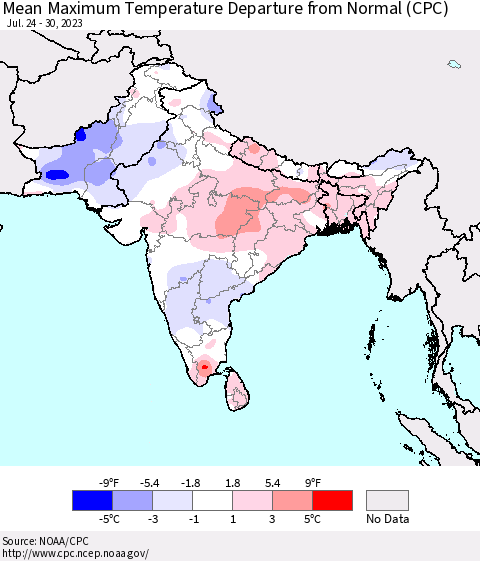 Southern Asia Mean Maximum Temperature Departure from Normal (CPC) Thematic Map For 7/24/2023 - 7/30/2023