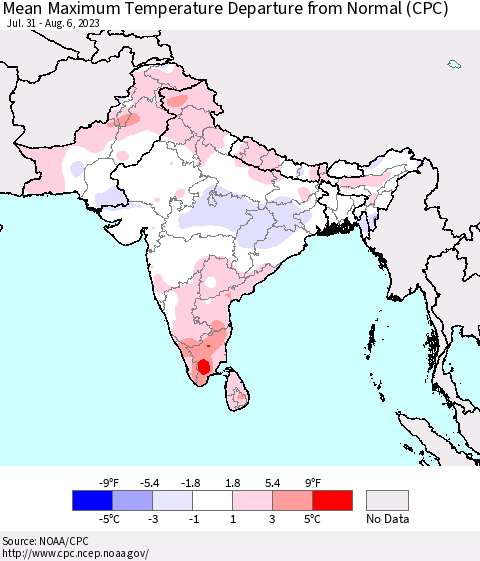Southern Asia Mean Maximum Temperature Departure from Normal (CPC) Thematic Map For 7/31/2023 - 8/6/2023